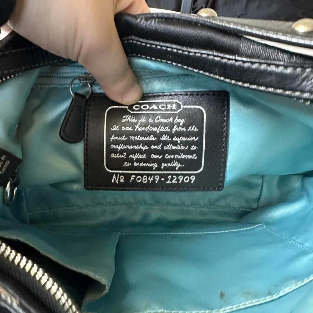Coach black monogram canvas hobo shoulder bag blue satin interior y2k vintage